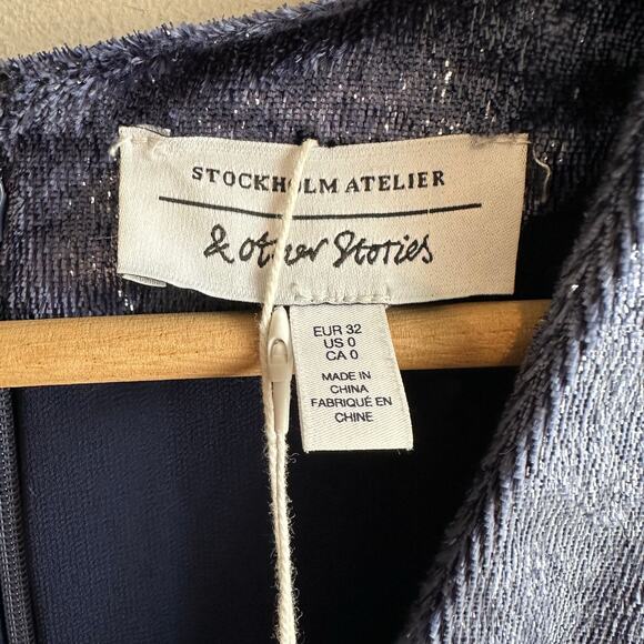 & Other Stories Shimmer Velvet Mini Long Sleeve Dress Blue 0 - Picture 4 of 13
